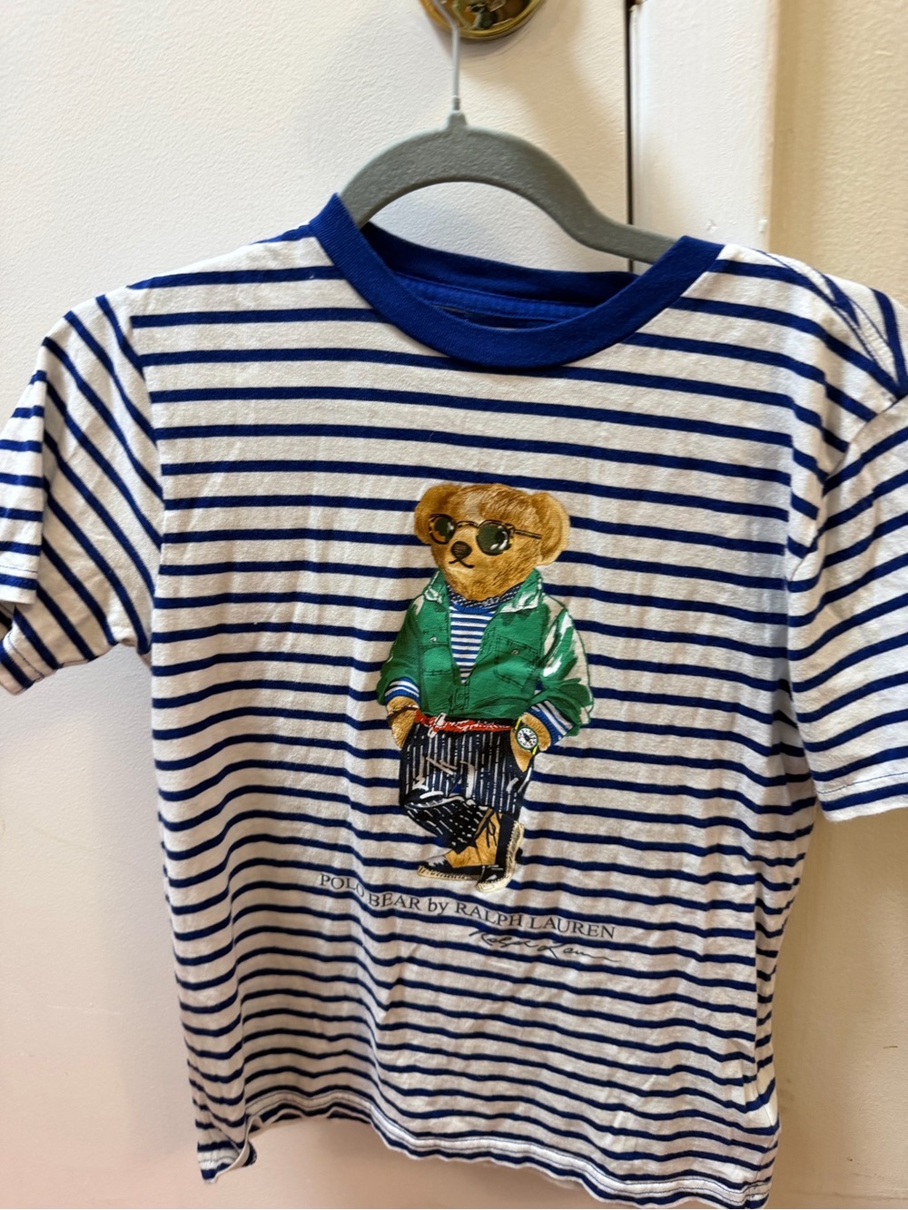 Polo by Ralph Lauren White & Blue Striped Bear Graphic Tee